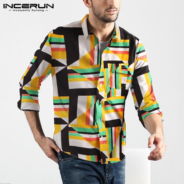 

incerun men shirts 3d geometric printed fashion lapel long sleeve camisa fitness brand casual shirts streetwear 2019 masculina, White;black