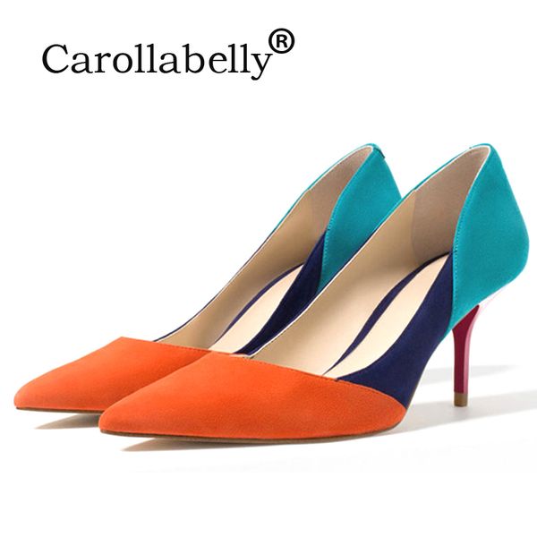 

new mix color high heels orange blue grey nude pointed toe pumps cut-outs woman shoes rose red heel 7cm for fashion female, Black
