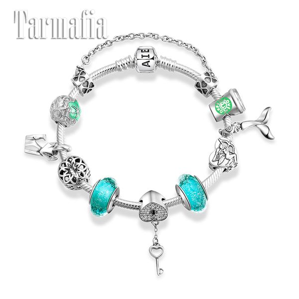 

silver 925 charms bracelets for women with green murano glass beads accessories heart key charms fashion bracelet s925 jewelry, Golden;silver