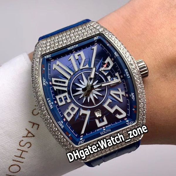 

special price vanguard new saratoge v45 sc dt yachting og blue dial automatic mens watch diamond bezel blue leather strap watches watch_zone, Slivery;brown