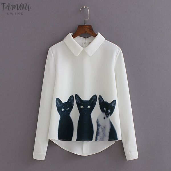 

мода мультфильм кошка новый бренд женские свободные шифон три кошки топы с длинным рукавом повседневная блузка осень рубашки высокое качеств, White