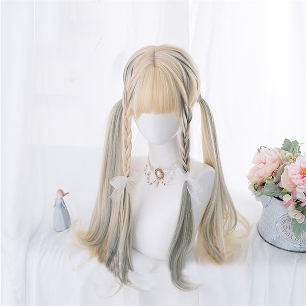 

cosplaymix 67cm blonde mixed ash blue ombre long wavy bangs cute halloween party synthetic hair women cosplay wig+cap, Black