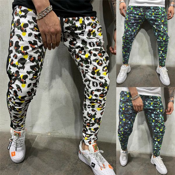 

2019 high waist spring summer fashion pocket men slim fit leopard print straight leg trousers casual pencil jogger casual pants, Black