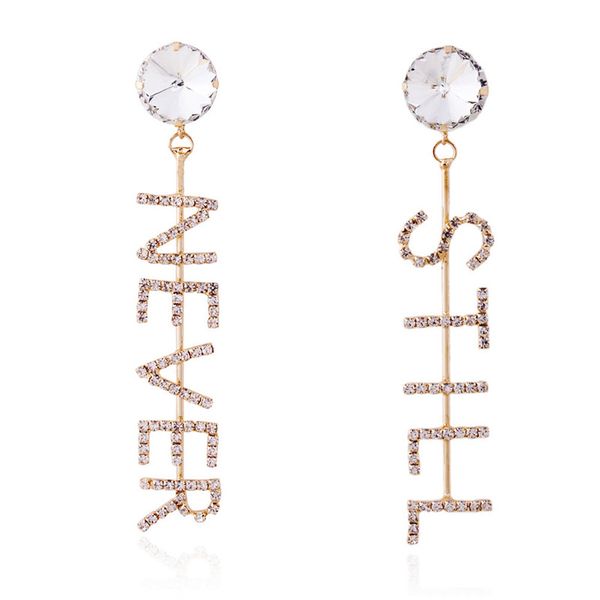 

new fashion designer exaggerated rhinestone crystal letter never still long drop dangle chandelier stud earrings for women, Golden;silver