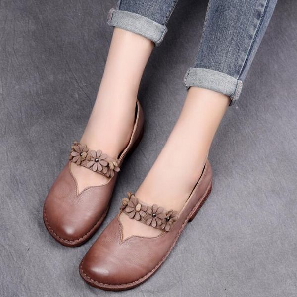 

2020 vintage floral genuine leather flat shoes spring summer casual women flat shoes comfortable hand-stitched soft bottom, Black