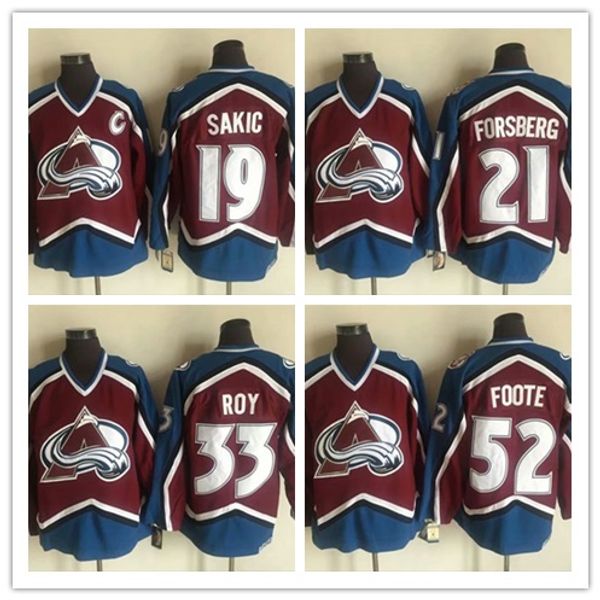 

2019 new season colorado avalanche men 19 joe sakic 21 peter forsberg 33 patrick roy 52 adam foote retro hockey jersey good quality, Black;red