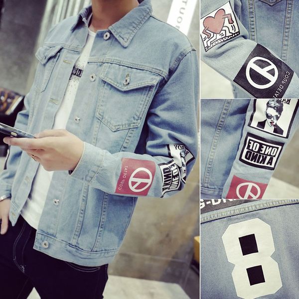 

2020 spring and autumn printed men's denim jacket korean-style slim fit casual fashion youth coat on clothes trend, Black;brown