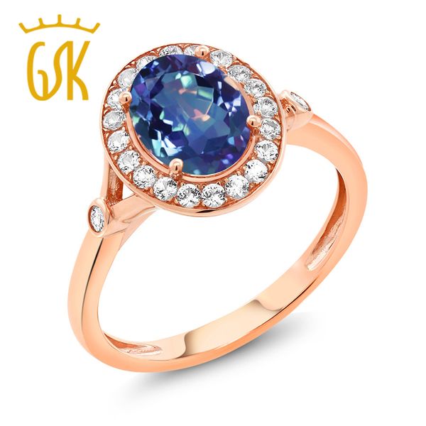 

2.16 ct millennium blue mystic quartz white created sapphire 10k rose gold ring, Golden;silver