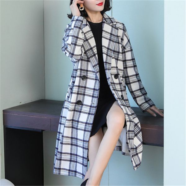

2019 winter new plaid color matching large size increase loose warm long coat coat women's clothing, Black