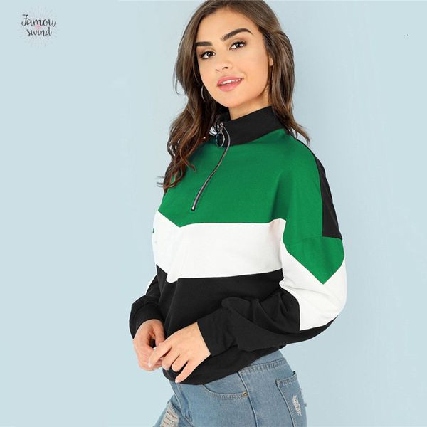 

элегантный multicolor casual regular o ring zip front кройке и шитью colorblock стенд воротник толстовка осень женщины толстовки, Black