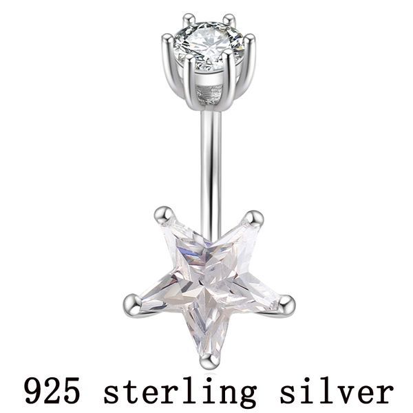 

s925 real genuine silver belly button ring pure silver star zircon stone not allergic pin length 6 8 10 mm body piercing jewelry