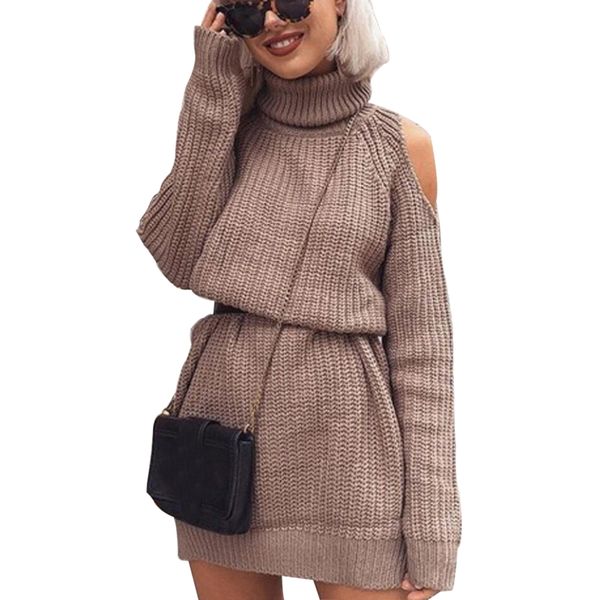 

high street outwear knitted dress women off shoulder mini dress turtleneck loose sweater casual autumn clothes party, Black;gray
