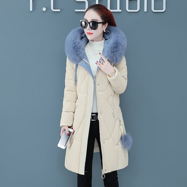 

women solid lace hoodies down coat 2019 new winter fashion splice fur collar zipper button pockets thickening long outerwear, Black