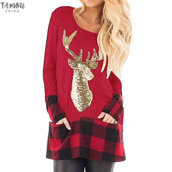 

christmas women blouse plus size plaid splice hem reindeer printing santa claus xmas long sleeve long sleeve tunic and blouses 38, White