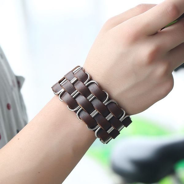

punk vintage studded leather bangles bracelet men homme women fashion men metal woven dark buckle bangle jewelry hand pendant, Black