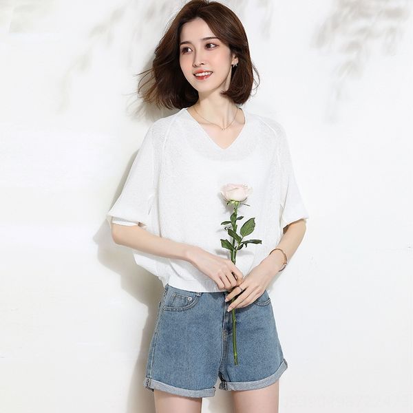 

v-neck loose women's short sleeve 2020 bat sleeve ice silk knitted coat t-shirt slim t-shirt, White
