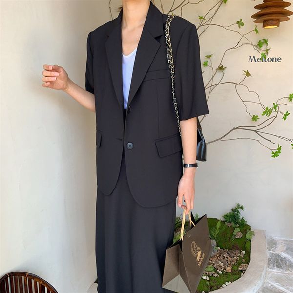 

summer korean fashion office woman sets two piece set outfits vintage short sleeve single breaste coat and high waist long skirt, White