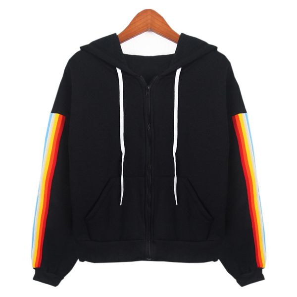 

fashion rainbow hoodies pullover women autumn winter thin hooded hoodie and sweatshirt with zippers female sport coat clothes, Black
