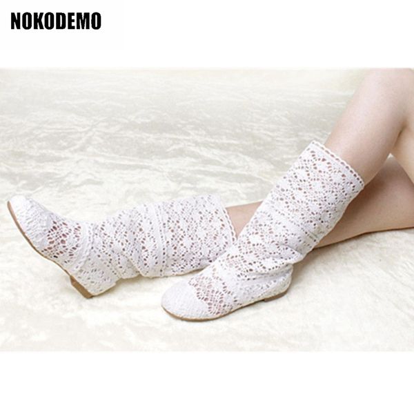 

women knitted flat mid-calf boots crochet shoes woman flats plus size for summer, Black