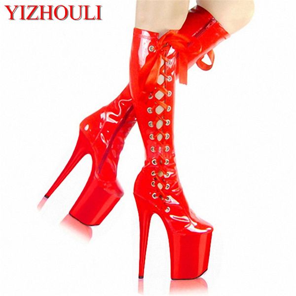 

8 inch leather knee high ankle high boot 20cm strappy platform wedge ribbons boot platform spike heel side, Black