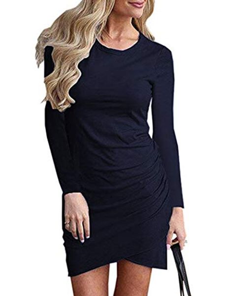 

halife womens long sleeve sheath dress solid color irregular hem t shirt bodycon mini dress, Black;gray