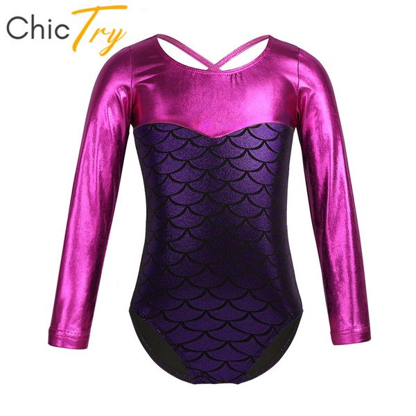 

chictry kids long sleeve mermaid scales printed ballet leotard girls gymnastics leotard bodysuit child shiny stage dance costume, Black;red