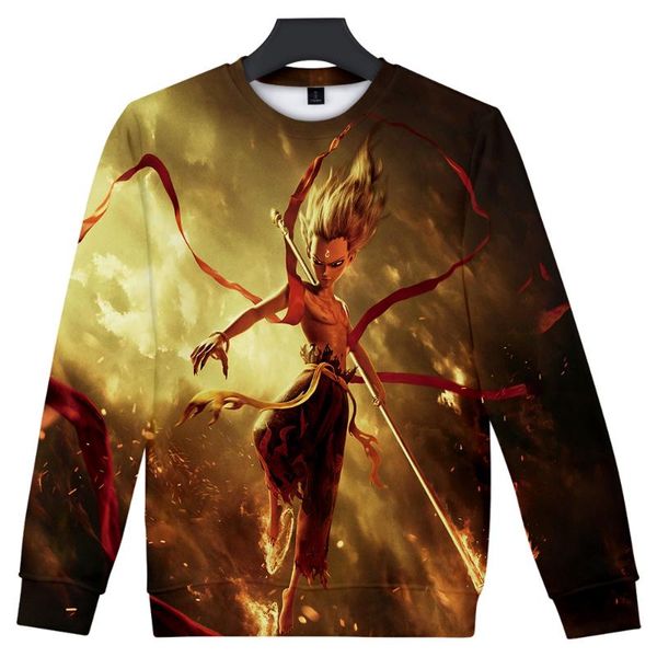 

new fashion round neck anime sweatshirt printed pullover harajuku street casual thick sportswear punk style men nezha 3d full, Black