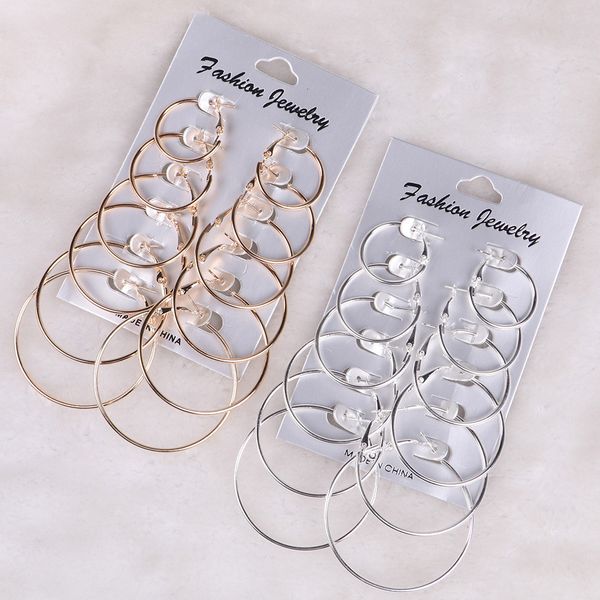 

new style 6pairs/set vintage silver gold big circle hoop earrings women jewelry steampunk ear clip vintage dangle ring #0, Golden;silver