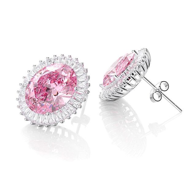 

sweet sparkly oval 11*14mm women stud earrings s925 silver pink stone cut cubic zirconia earrings jewelry wholesale, Golden;silver
