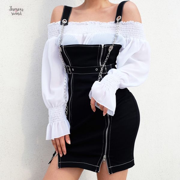 

bodycon party dress punk split streetwear autumn zipper mini dresses metal belt women black ukraine designer clothes, Black;gray