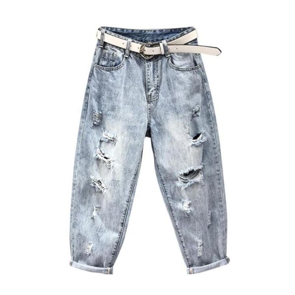 

плюс размер 5xl джинсы женщины 2020 весна лето высокая талия сыпучие ripped hole denim шаровары streetwear мама джинсы r1000, Blue