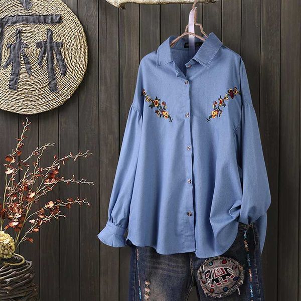 

spring floral embroidery denim blue shirt zanzea fashion tunic women casual lapel long sleeve blouse female blusas chemise 7, White