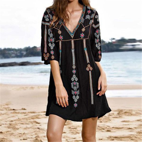 

embroidery cotton beach tunic 2019 beach cover up saida de praia swimsuit women bikini cover up pareo sarong beachwear #q834, Blue;gray