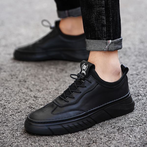 

new winter leather shoes for men cowhide soft keep warm short plush wear-resisting fashionable casual shoes, Black