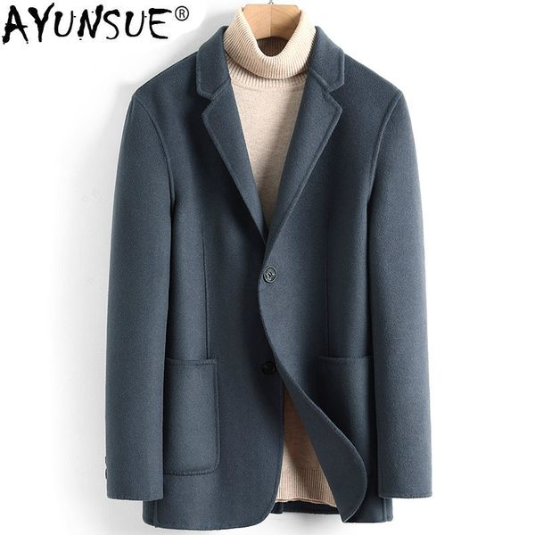 

ayunsue men's wool coat casual double-sided wool jacket blazer slim fit mens coats overcoat abrigo hombre 2019 4885 kj3623, Black