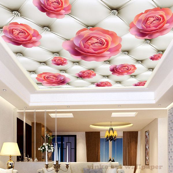 Custom Ceiling Mural Wallpaper 3d 3d Diamond Pink Rose Living Room Bedroom Ceiling Background Photo Wallpaper Wallcoverings High Definition Wallpapers
