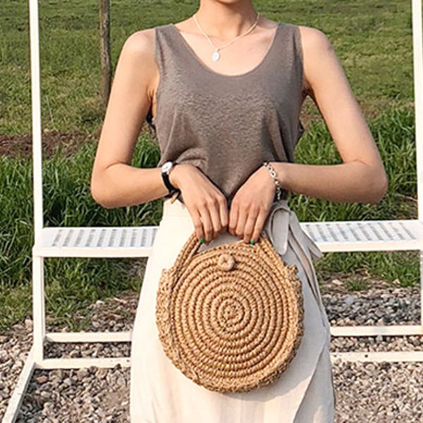 

women woven hand-held round paper rope bag handmade small fresh straw bag messenger summer beach