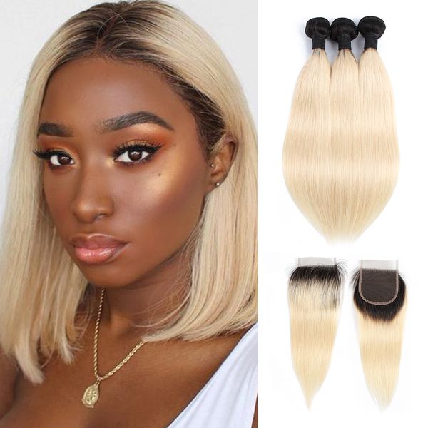 

1b 613 ombre светлые прямые пучки волос с закрытием темные корни перуанские волосы 3 пучка с 4 * 4 кружева закрытие человеческих волос remy, Black;brown