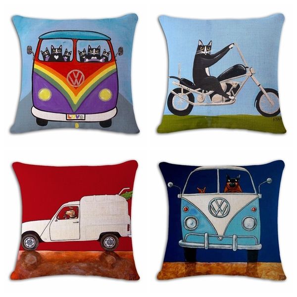 

cartoon cat automobile locomotive hand cotton flax pillow back cushion