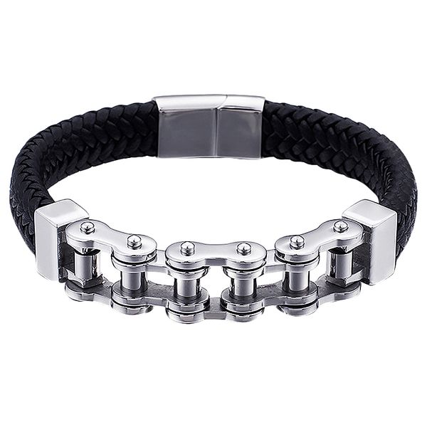 

unique punk design special pattern bicycle chain stainless steel accessories men's leather bracelet, Golden;silver