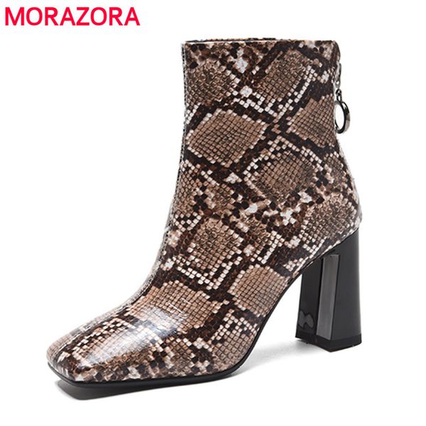 

morazora 2020 large size 42 women ankle boots snake genuine leather shoes zip autumn winter boots female high heel shoes, Black
