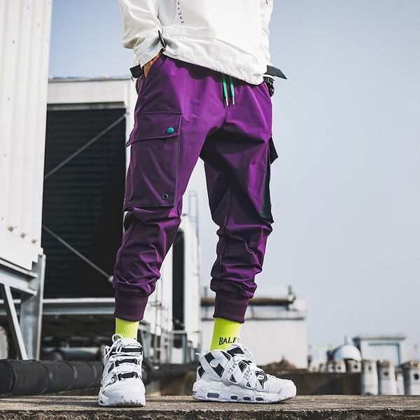

Januarysnow Autumn New Multi Pockets Cargo Pants Men Drawstring Waist Purple Joggers Trousers Black Streetwear Sweat Pants