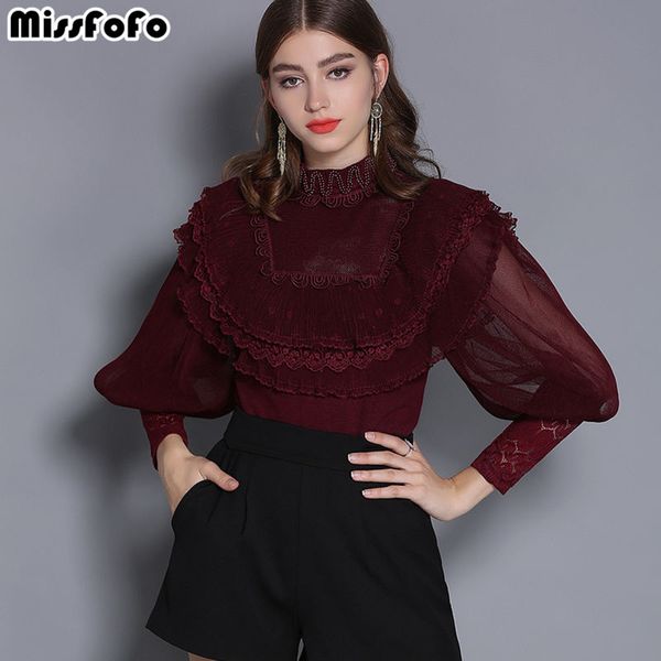 

missfofo 2019 new fashion office lady solid beading lantern sleeve temperament red wine white size s-xl slim ruffles spliced