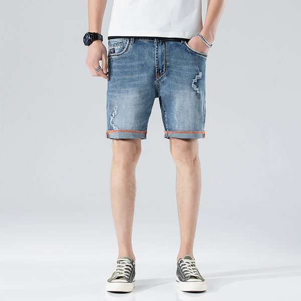 

summer men cowboy short thin 4 pants teenager straight-cut with holes knee-length denim shorts men's short-length pant, Blue