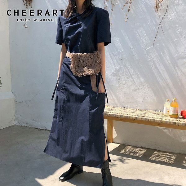 

cheerart лето длинное корейское платье королевского синего с коротким рукавом платья-миди женщины сплит шнурок талии повседневные платья, Black;gray