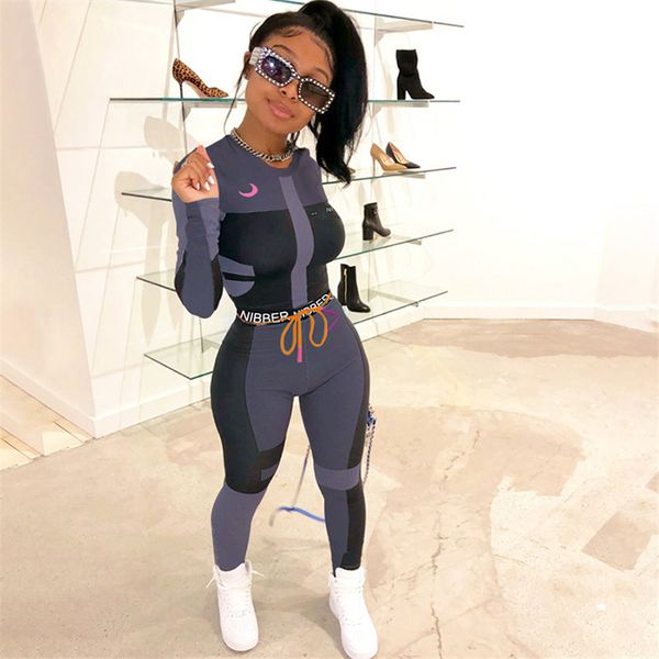 

women fitness two pieces set tracksuit long sleeve crop letters print slim leggings cycling ladies outfit, Gray