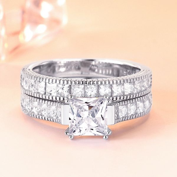 

2 pcs wedding ring set sparkling square zircon classic jewelry 925 sterling silver engagement rings for women gilrs party gifts, Slivery;golden