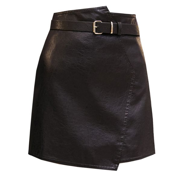 

women's a line leather skirt 2018 new autumn winter irregular soft pu mini skirts female high waist slim shorts with belt wf63, Black