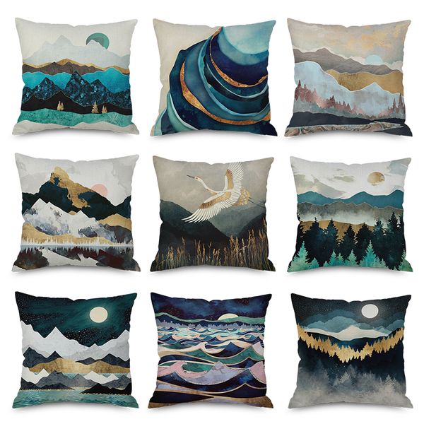 

45*45cm decorative linen cushion cover geometric landscape sea mountain print pillowcase for bed car sofa decor