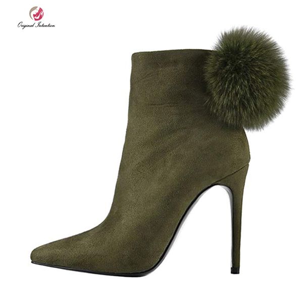 

original intention fashion ankle boots women winter pointed toe high heels ladies fur shoes woman red green black us 5-13